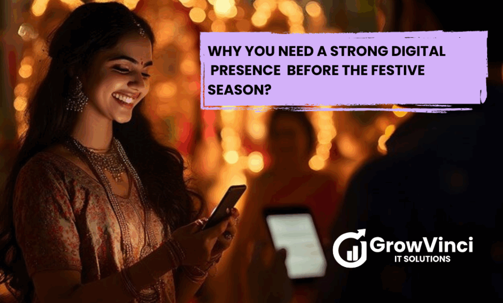 “A business owner planning digital festive campaigns on a laptop surrounded by Diwali lights and Christmas decor.