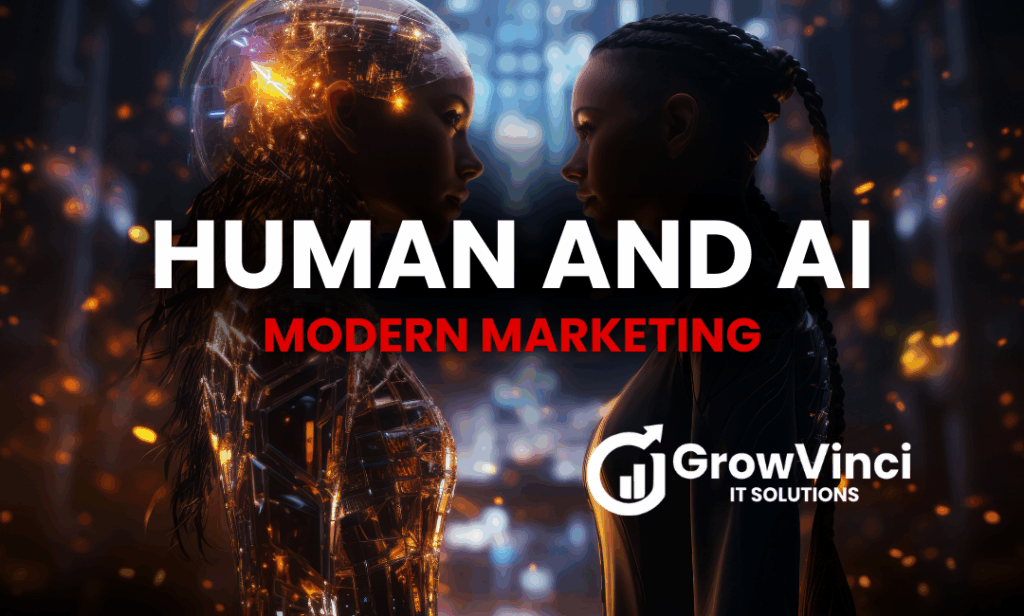 Illustration of human and AI in marketing collaboration to optimize digital campaigns.
