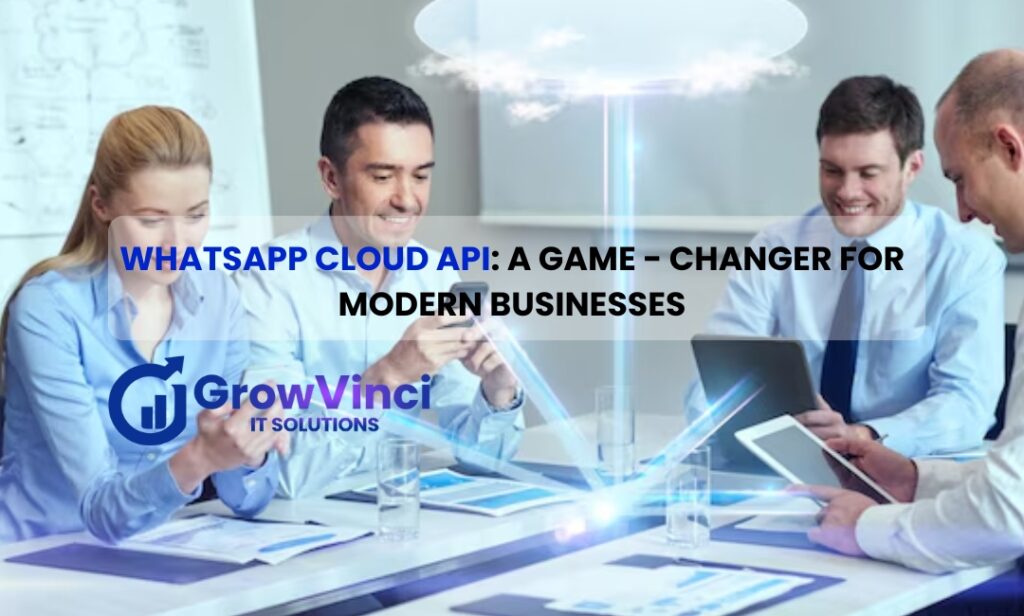 "Business owner using WhatsApp Cloud API on desktop and smartphone to automate customer communication"